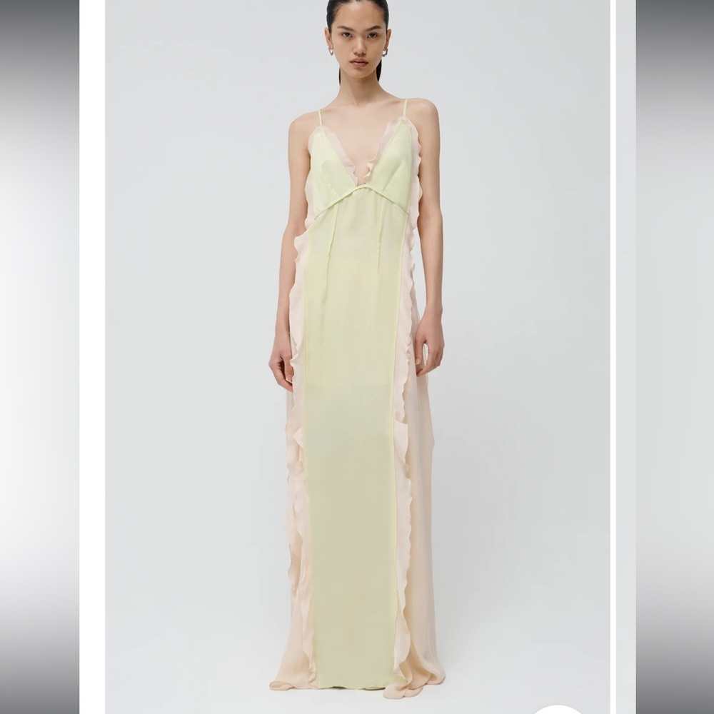 Jonathan simkai designer gown. Pink and light green silk and ruffle detail